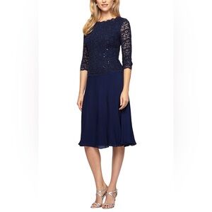 ALEX EVENINGS Tea-Length Dress with Sequin Lace Bodice & Chiffon Skirt Navy Sz14